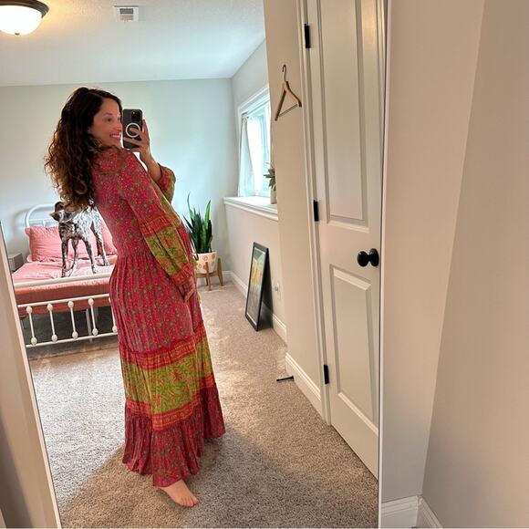 Anthropologie Raga Pink Green Floral Long Sleeve Boho Tassel Maxi Dress Sexy S - Picture 2 of 12